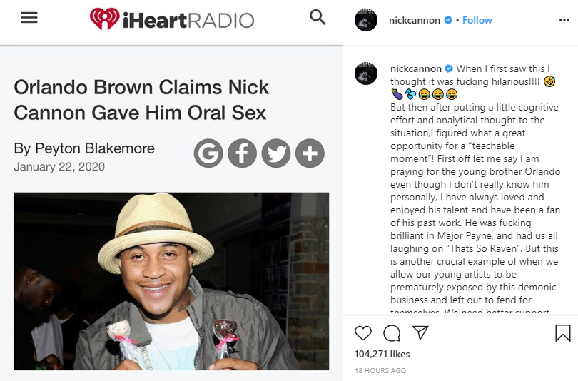 Hollywood Actor Orlando Brown Claims Actor Nick Cannon Is Gay, N