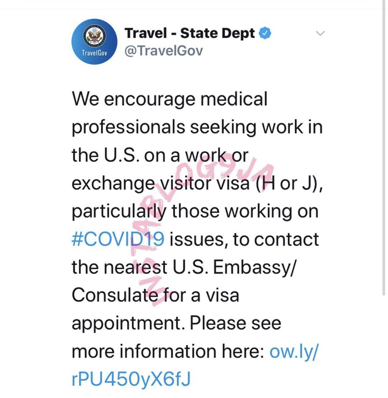 The tweet by the Bureau of Consular Affairs