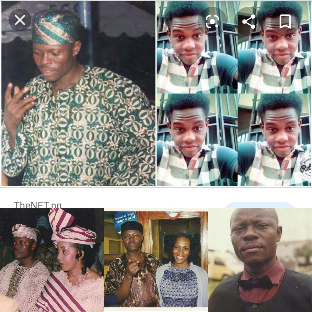 Photo collage of Yoruba comedian and radio presenter, late Gbenga Adeboye, his son and some notable people 