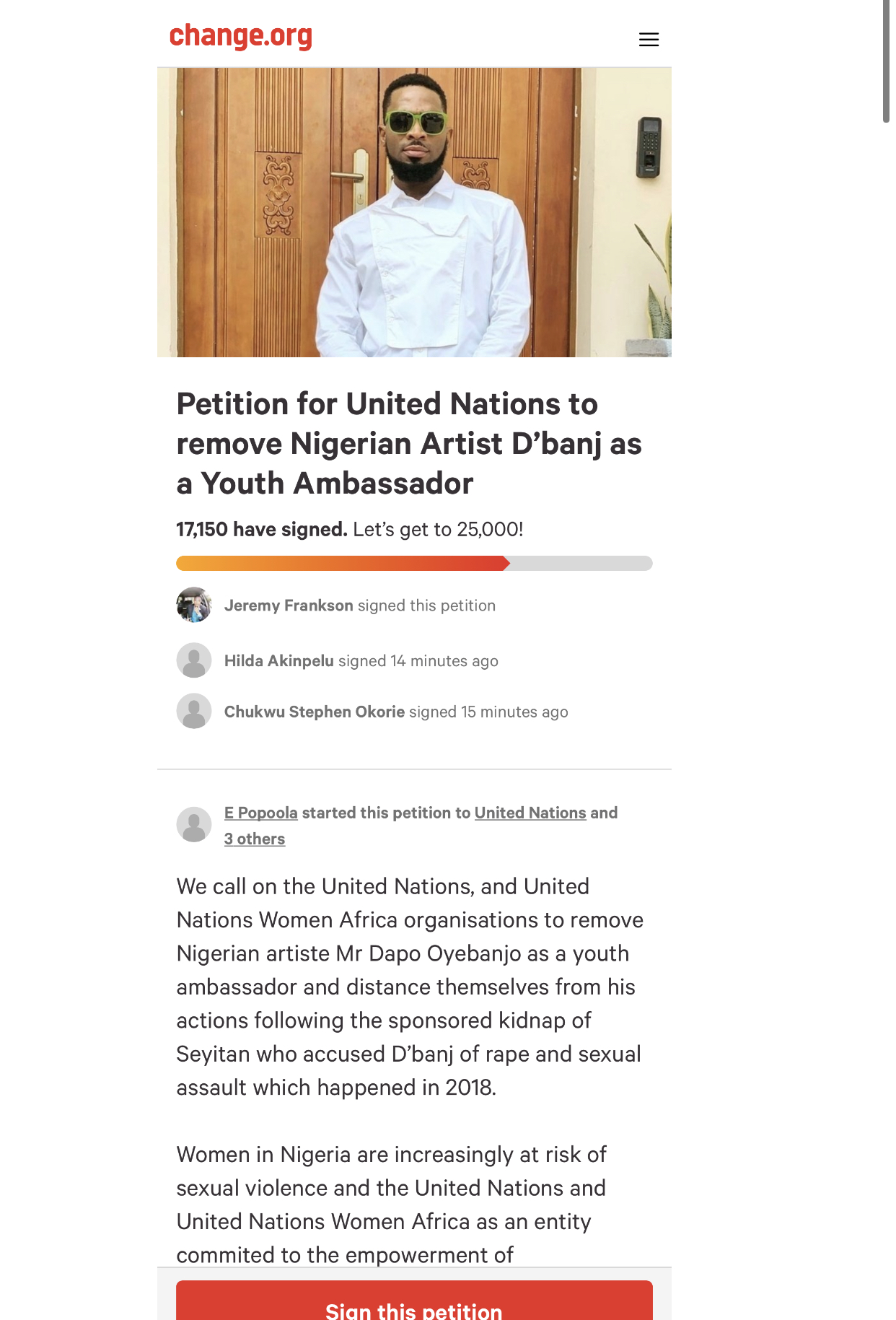 Screenshot of the petition