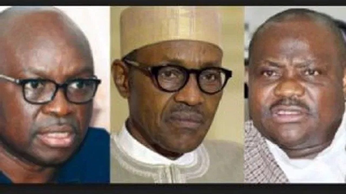 Collage photo of president Buhari, Fayose and Wike