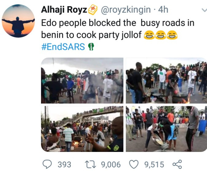 #EndSARS protesters in Edo block highway to cook Sunday lunch