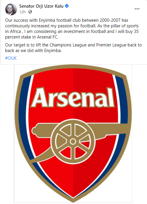 Orji Uzor Kalu reveals plan to buy 35% stake at Arsenal Football Club