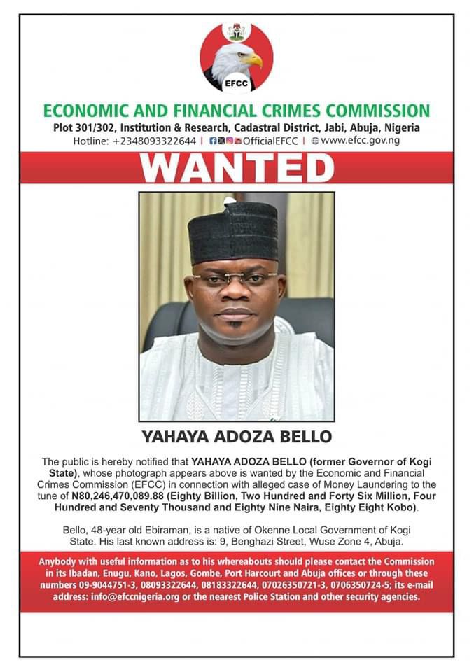 N80.2bn Fraud: EFCC Declares Ex-Gov Yahaya Bello Wanted 